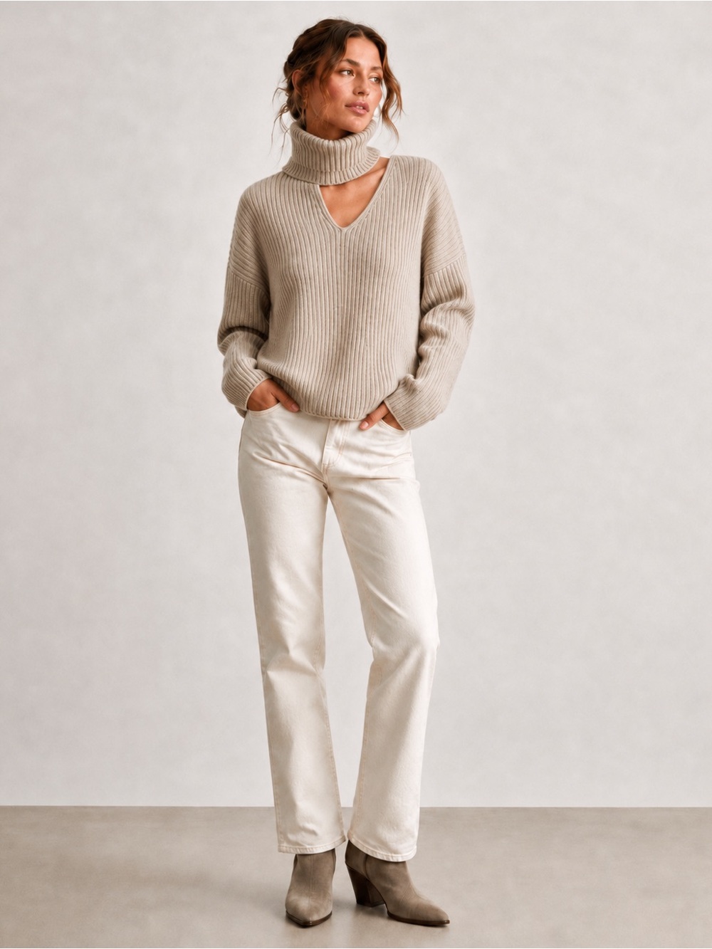 OAK + FORT Turtleneck Sweater XS Beige Ribbed Knit Scandinavian Minimalist